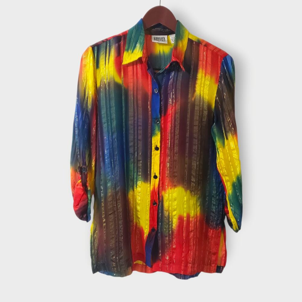 Chico's Design Silk Metallic Sheer Rainbow Stripe Button Up Blouse Sz 0=Sm Artsy